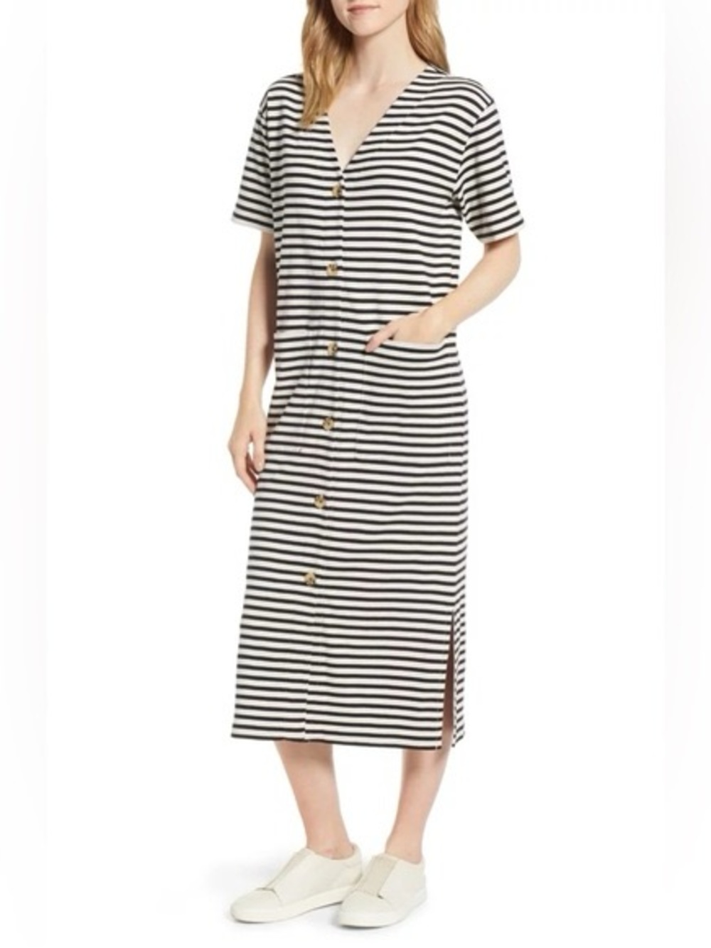 🦓 Lou & Grey for LOFT Women’s Striped Button-Front Midi Dress in Black & White